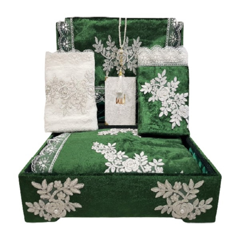Eylül Fransız Güpür Sandıklı Seccade Takımı Kadife Bohça Seti Zümrüt Yeşili - 70 x 120 cm - Yeşil Seccade Fiyatı