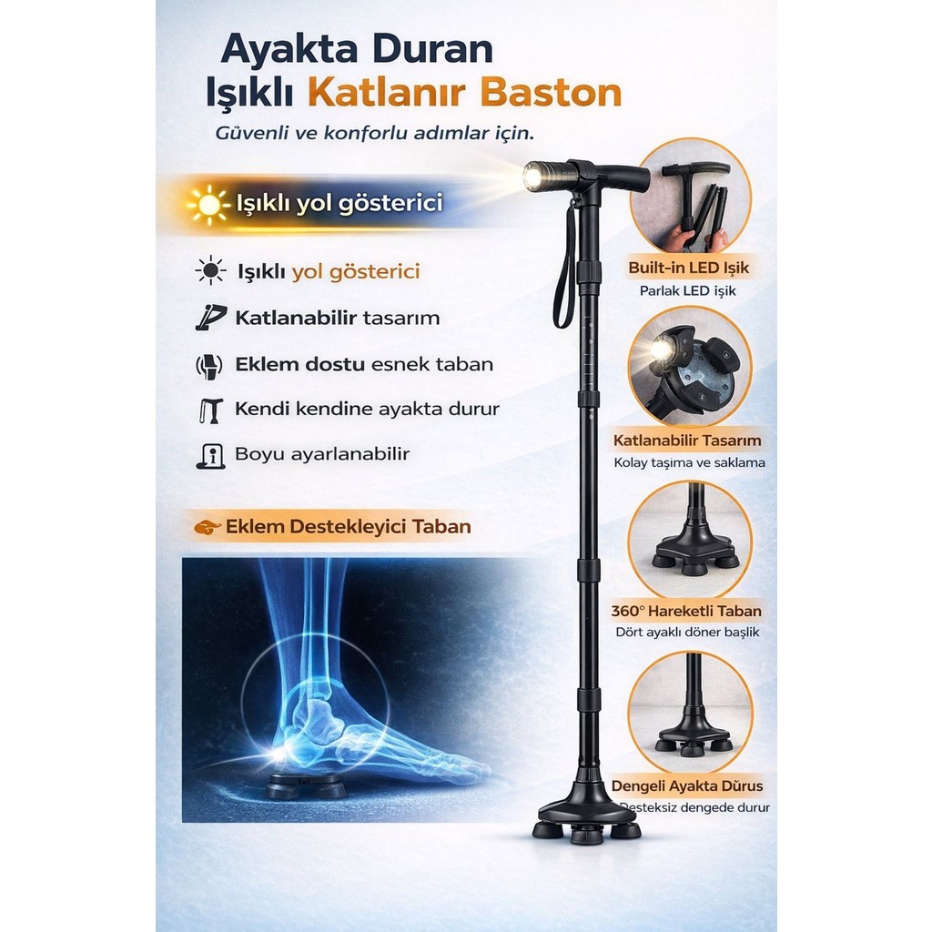 EyluX Shop Elegant Health Care Katlanabilir Işıklı Baston Yürüyüş Bastonu Fenerli Yürüyüş Bastonu - Siyah Diğer Fiyatı