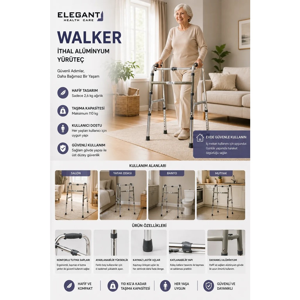 EyluX Shop Ithal Walker Yürüteç Hasta Yaşlı Yürüme Desteği Baston Tutamak Destek 4 Ayaklı Katlanabilir - Gri Diğer Fiyatı