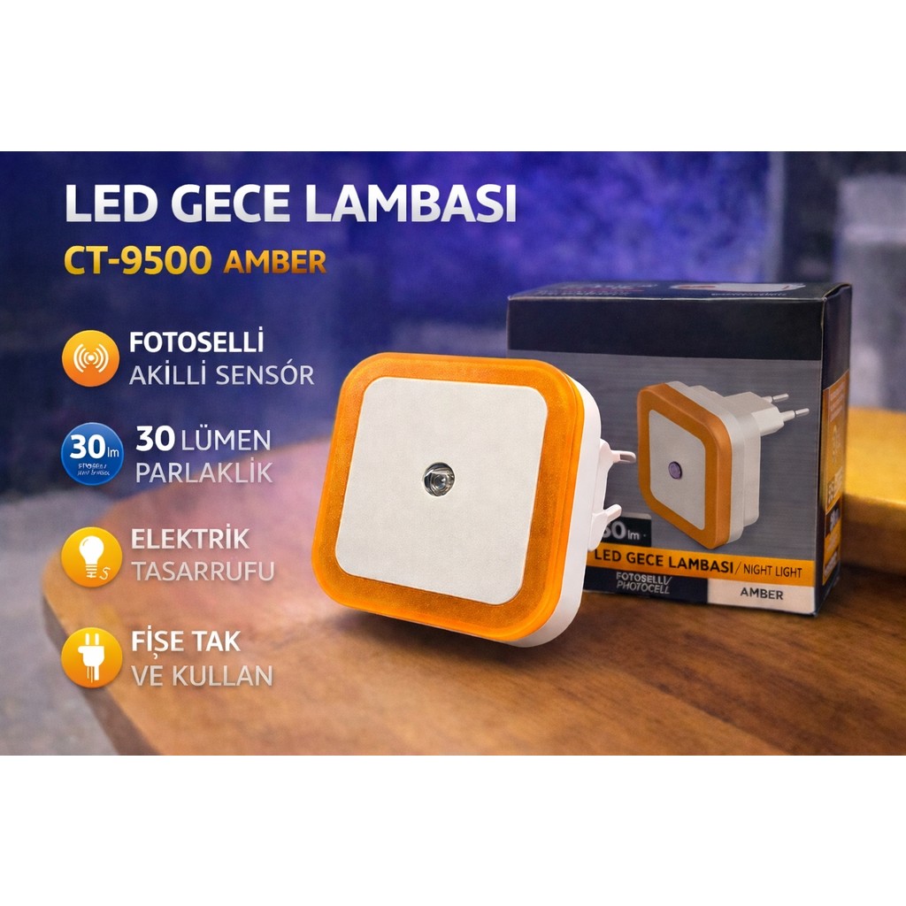 EyluX Shop Modern Sensörlü Mini LED Gece Lambası LED Spot Fotoselli Gece Lambası - Amber Diğer Fiyatı