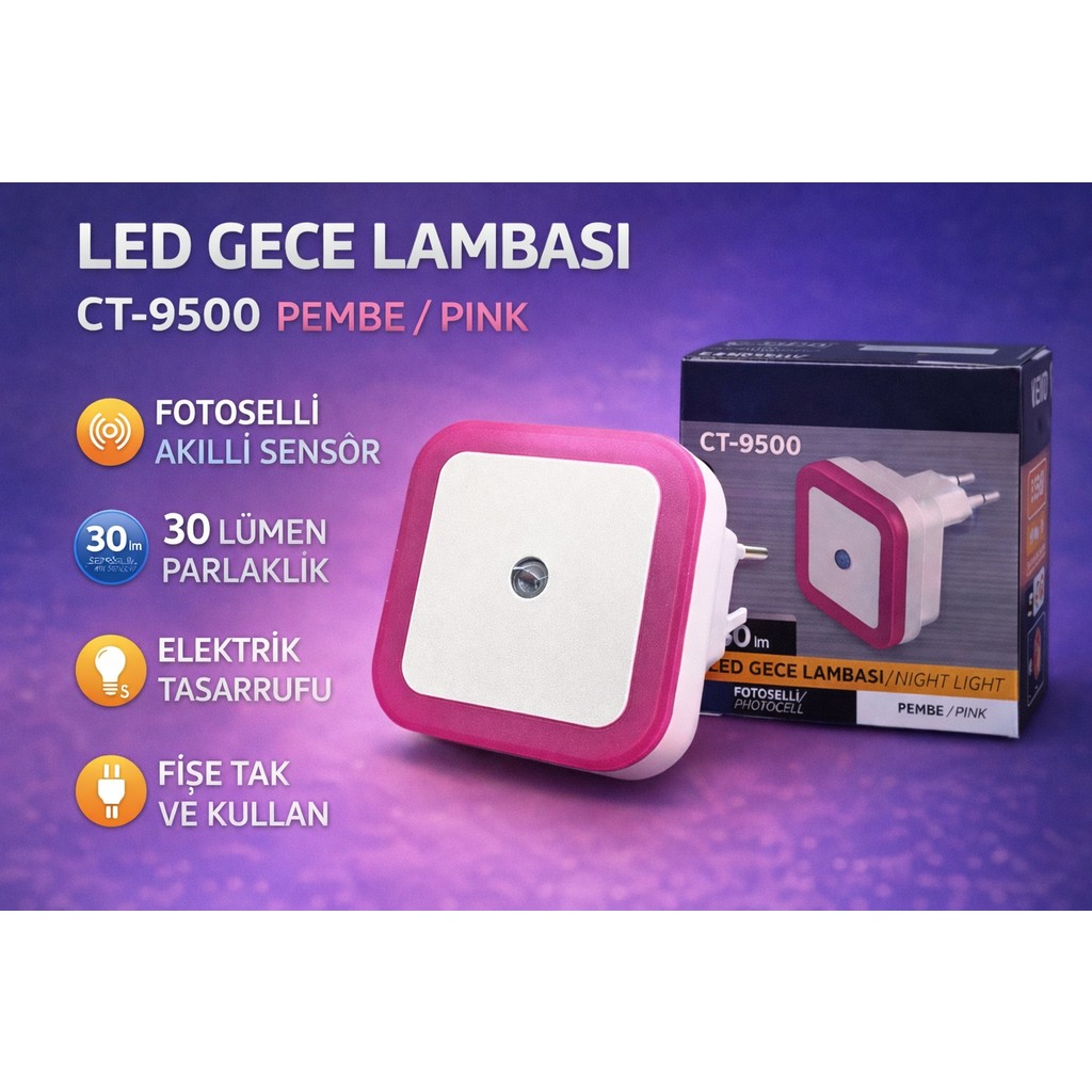 EyluX Shop Modern Sensörlü Mini LED Gece Lambası LED Spot Fotoselli Gece Lambası - Pembe Diğer Fiyatı