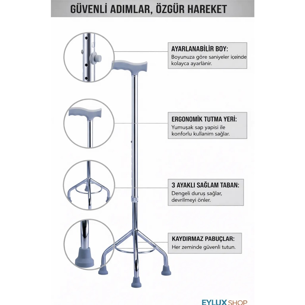 EyluX Shop Tripot 3 Ayaklı Denge Bastonu Yüksek Kalite Ayarlanabilir Tüm Zemin Koşullarına Uygun - Gri Diğer Fiyatı