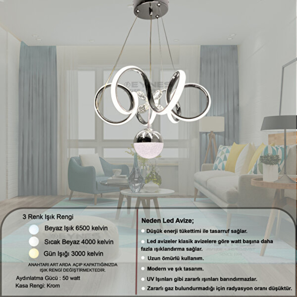 Eynes Avize LED Avize Krom Kasa 3 Renk Işıklı Toplu Oturma Odası Salon Mutfak Antre/hol Yatak Odası Çoçuk Odası Avize Fiyatı