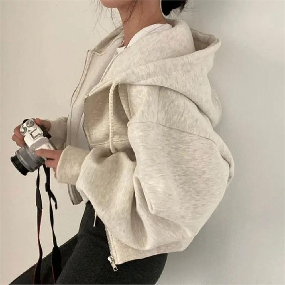 Eyon Trend Gri Melanj Crop Top Kalın Kumaş Fermuarlı Kapüşonlu Bayan Sweatshirt Fiyatı