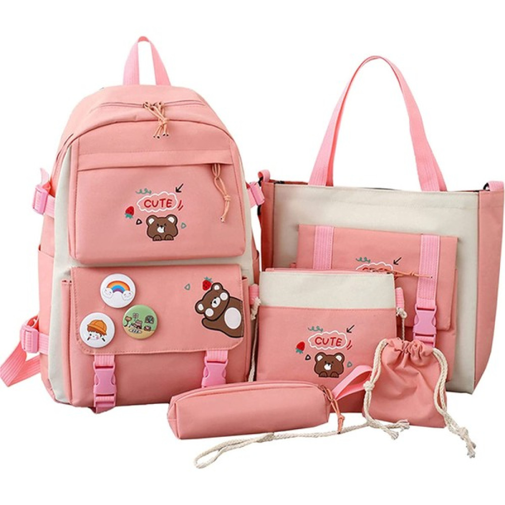 Eyou 5 Adet Kawaii Sırt Çantası Seti, Ayı Kolye ve Rozetli Tuval Okul Çantası, Omuz Tote Çanta Rahat Sırt Çantası (Yurt Dışından) - Pembe - 1 Adet Okul Çantası Fiyatı