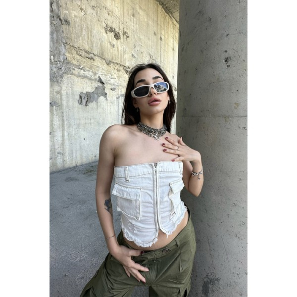 Eyyo Fermuar Detay Cepli Jean Crop Top ATE7161 Bluz Fiyatı