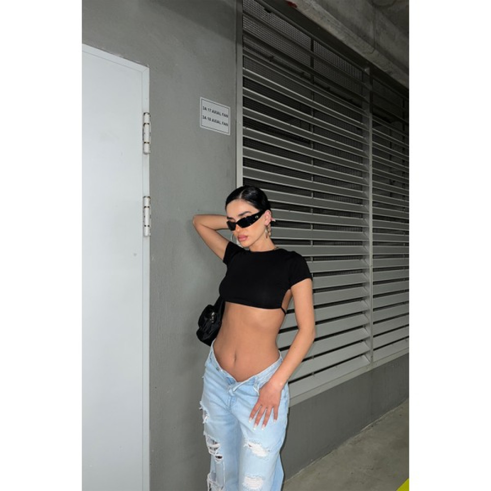 Eyyo Siyah Sırtı Bağlamalı Crop Top ATE6924 Bluz Fiyatı