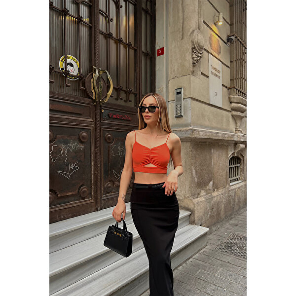 Eyyo Turuncu Askılı Pencere Detay Crop Top ATE6836 Bluz Fiyatı