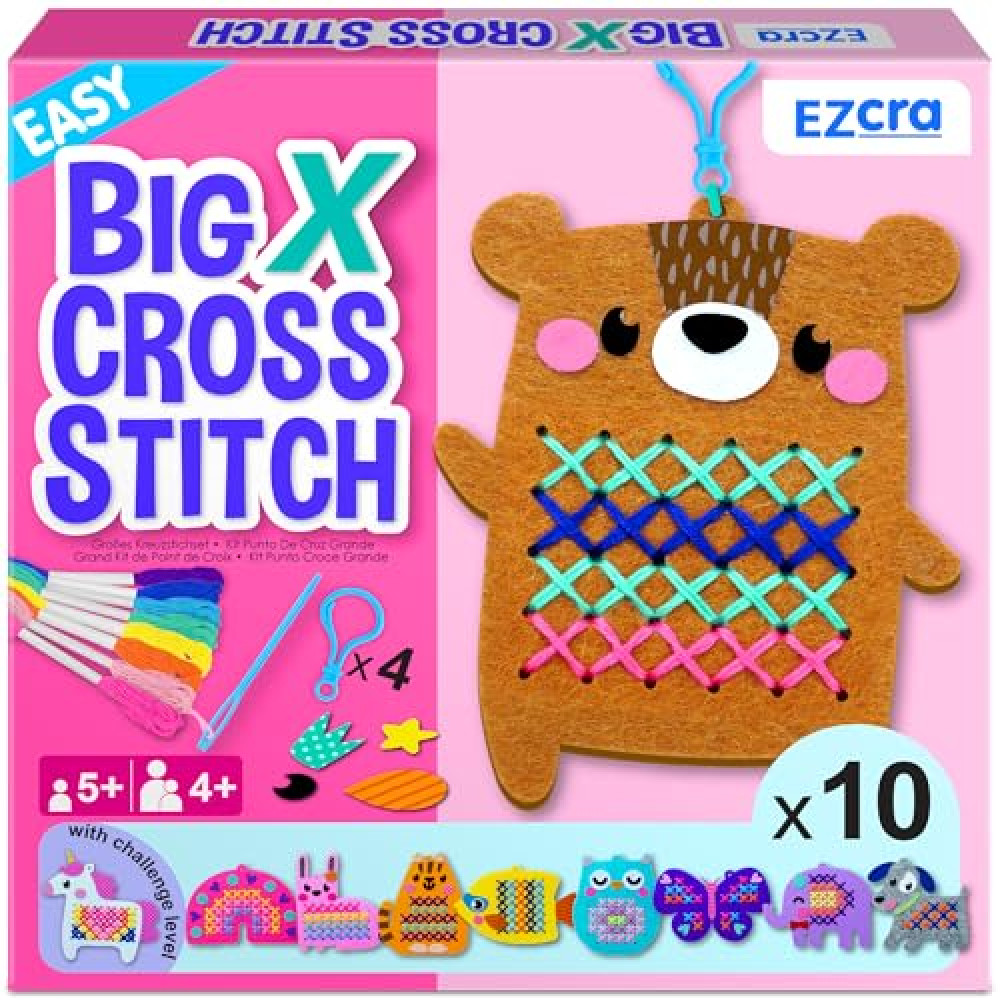 EZCRA Easy Arts and Crafts for Kids - Beginner Cross Stitch Kits for Kids - Extra Large Cross Stitch with Jumble Needle - 10 No Mess Animal Projects - Everything Included - Age 4,5,6,7,8
