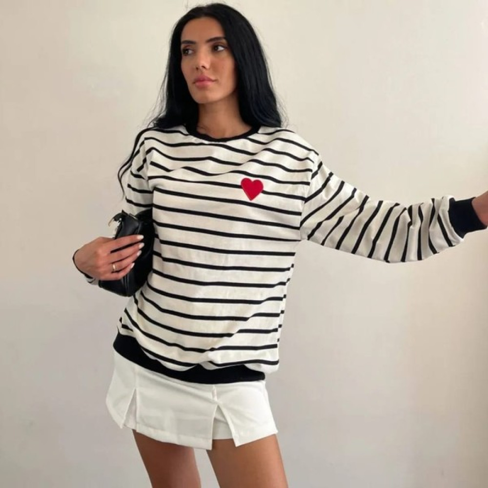 Ezgi Nişantaşı Modaens'ten Uzun Kollu Çizgili Nakış Detay Sweat Bayan Sweatshirt Fiyatı