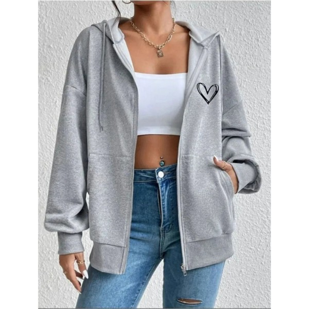 Ezo Fashion Kapüşonlu Fermuarlı Kalp Baskılı Oversize Mevsimlik Sweatshirt Bayan Sweatshirt Fiyatı