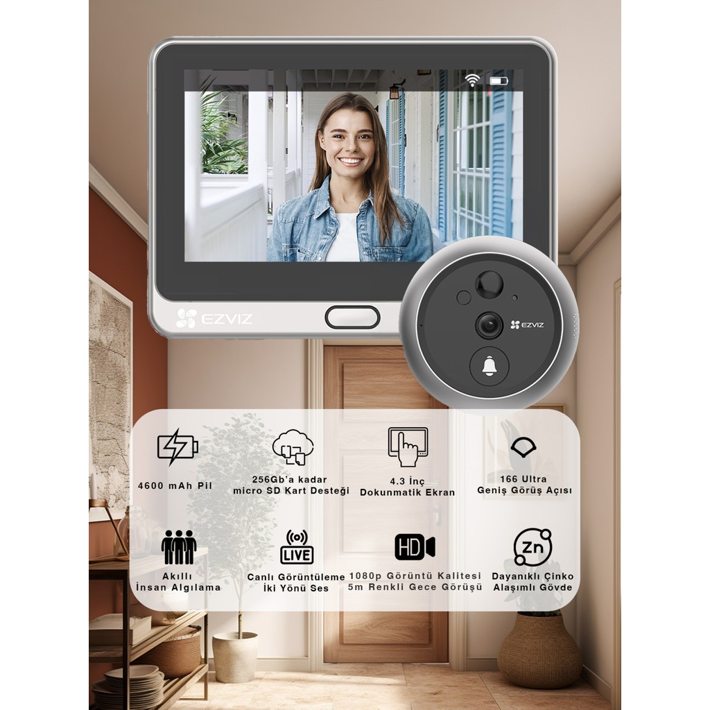 Ezviz DP2 - (3WPFBS,3MP) Wi-Fi Akıllı Kapı Görüntüleyicisi 2k; 166° görüş; 4.3'' ekran; İnsan algılama; 2 yönlü görüşme; IR 5m; Zil; Çinko alaşımı;... Diğer Fiyatı