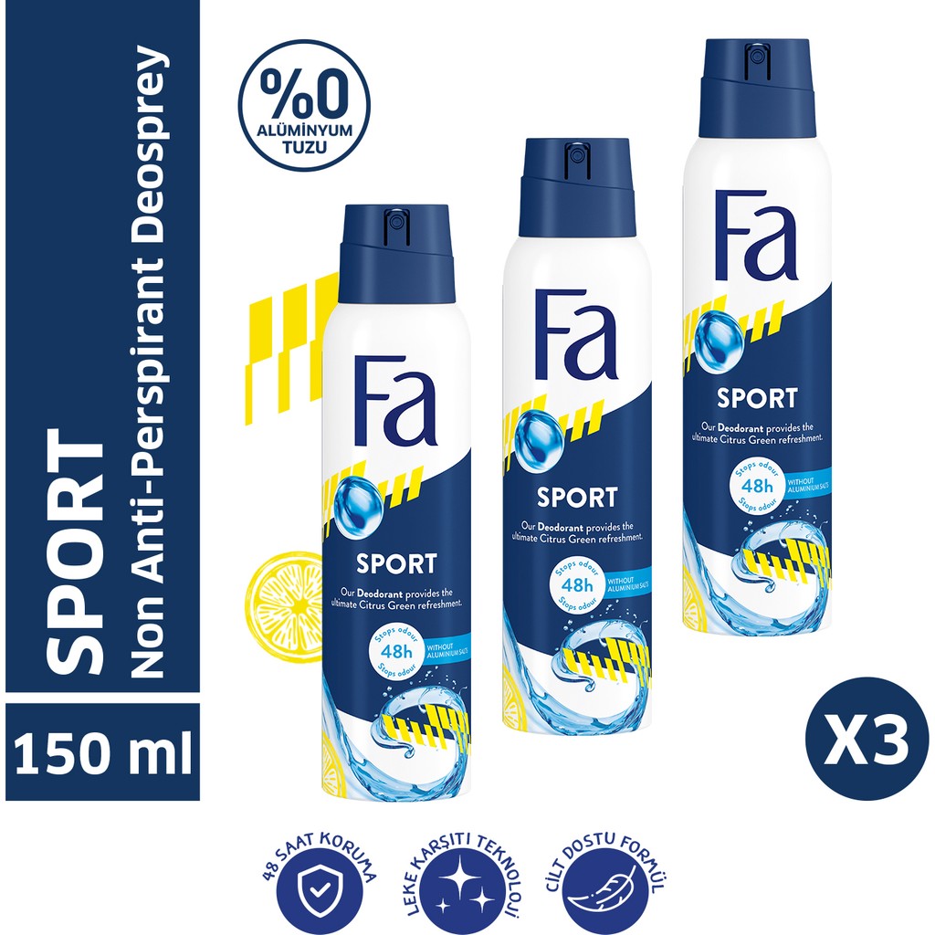 Fa Men Sport Erkek Sprey Deodorant 150 ml x 3 – Turunçgil ve Yeşillik Ferahlığı, 48 Saat Etkili Koruma, Beyaz Leke Karşıtı Deodorantlar Fiyatı