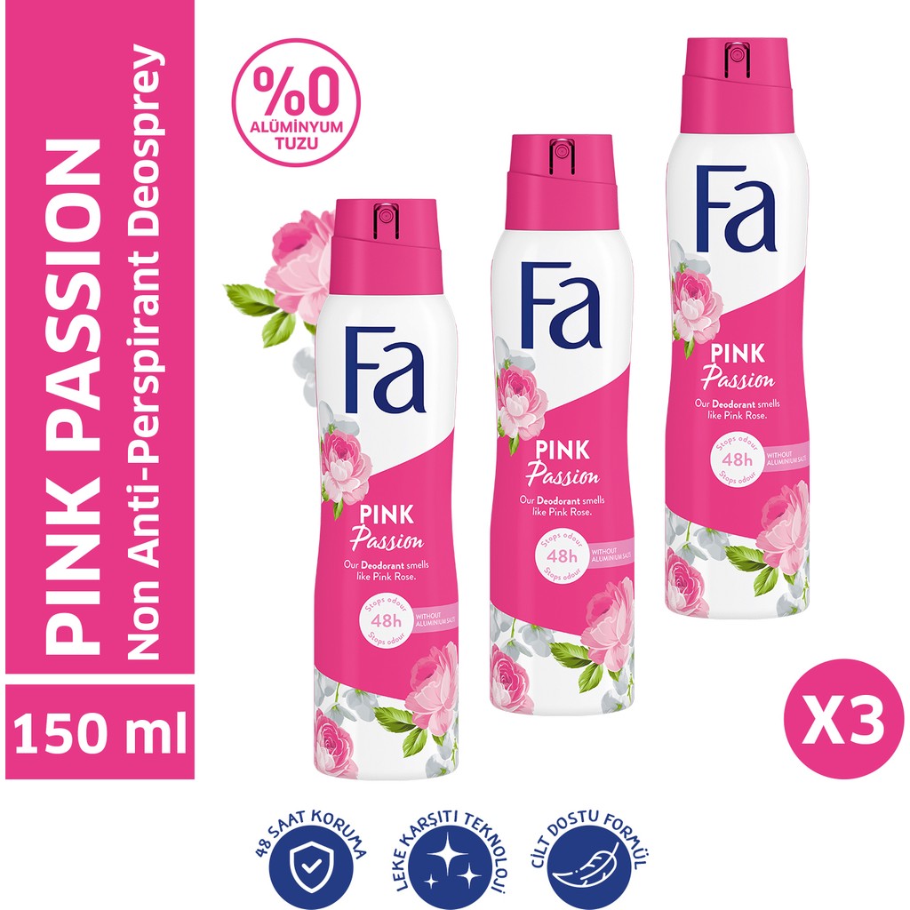 Fa Pink Passion Kadın Sprey Deodorant 150 ml – Çiçeksi Koku, Beyaz Leke Karşıtı, 3'lü Ekonomik Paket Deodorantlar Fiyatı