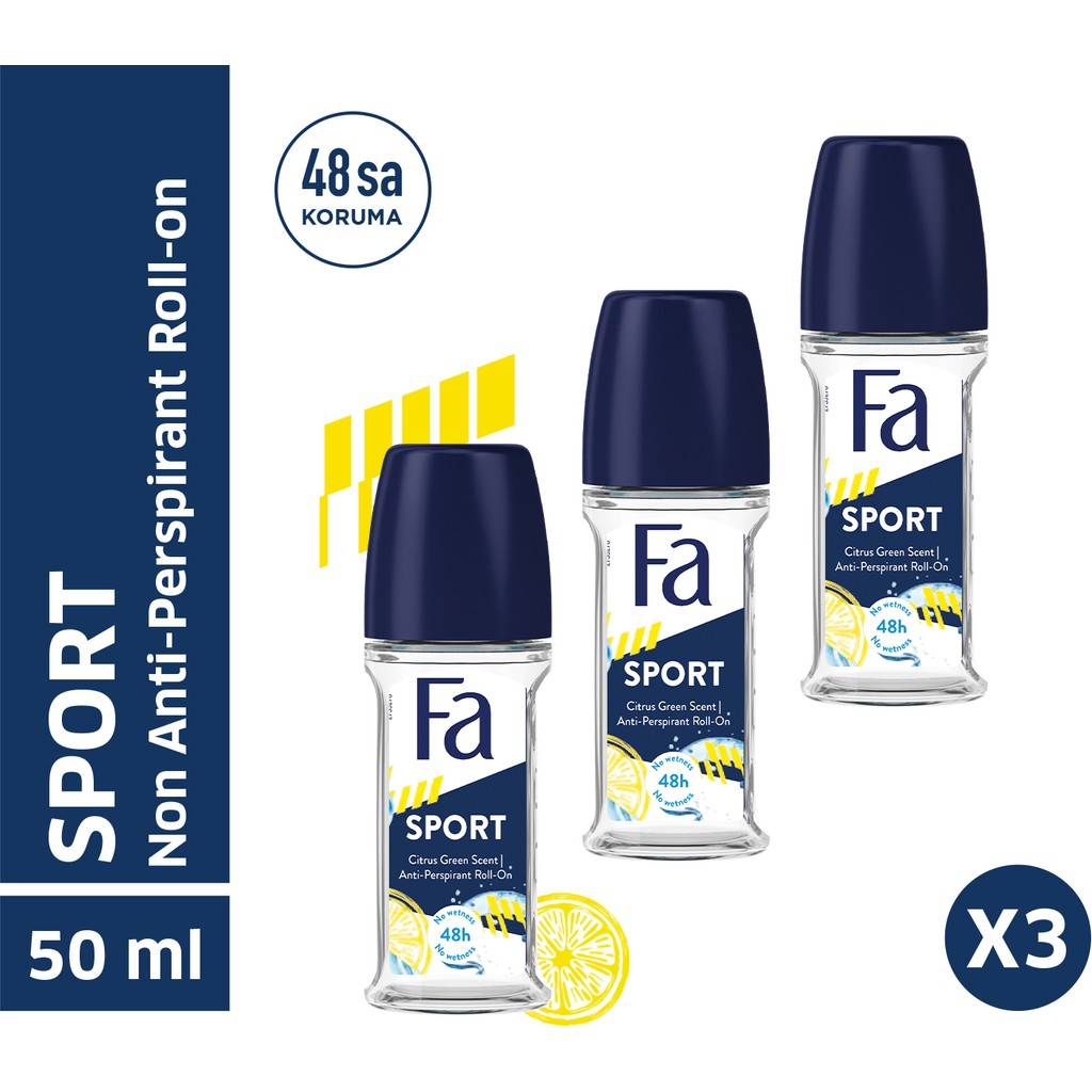 Fa Sport Roll-On Deodorant 3x50 ml Unisex Doğal Yeşillik ve Turunçgil Ferahlığı Pudrasız Beyaz Leke Önleyici - 50 ml Deodorantlar Fiyatı
