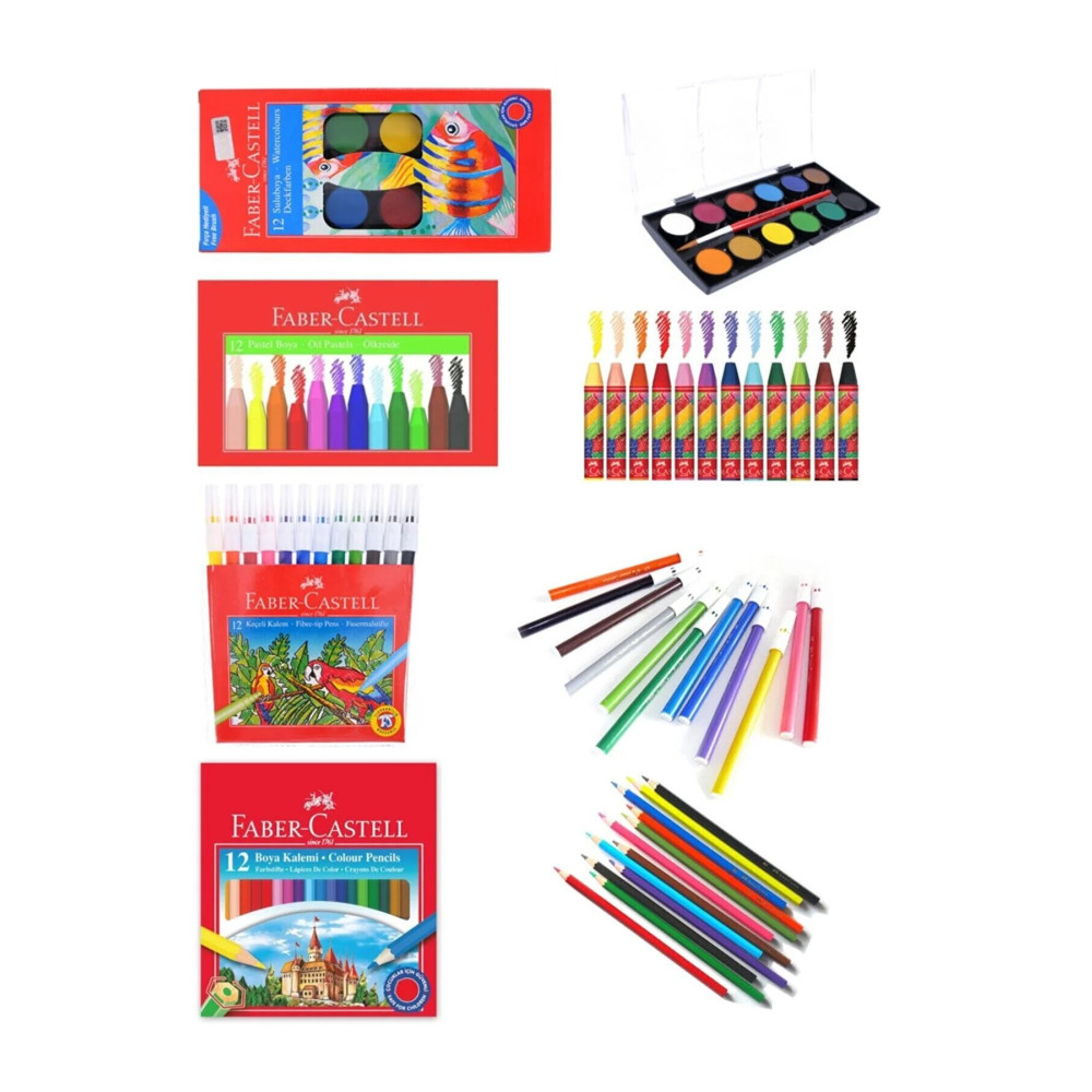 Faber Castell 4 Lü Boyama Seti - (12li Kuruboya 12li Suluboya 12li Keçeli Kalem 12li Past Kuru Boya Kalemi Fiyatı