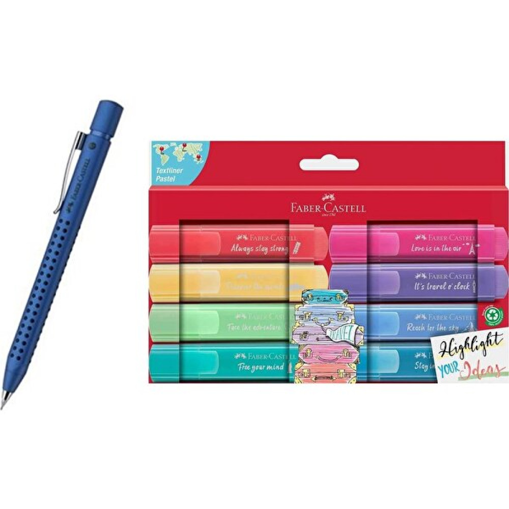 Faber-Castell Grip 2011 0.7 mm Blue + Faber-Castell Travel Textliner Fosforlu Kalem Seti Fosforlu Kalem Fiyatı