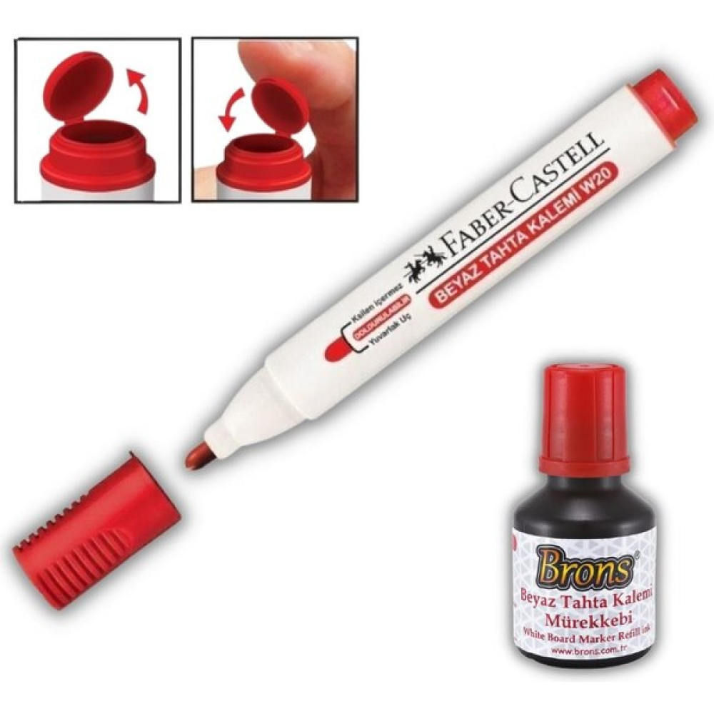 Faber-Castell Kırmızı Yazı Tahta Kalemi Doldurulabilir W-20 1 Adet ve Mürekkep 30 cc 1 Adet Yazı Tahtası Kalemi Fiyatı