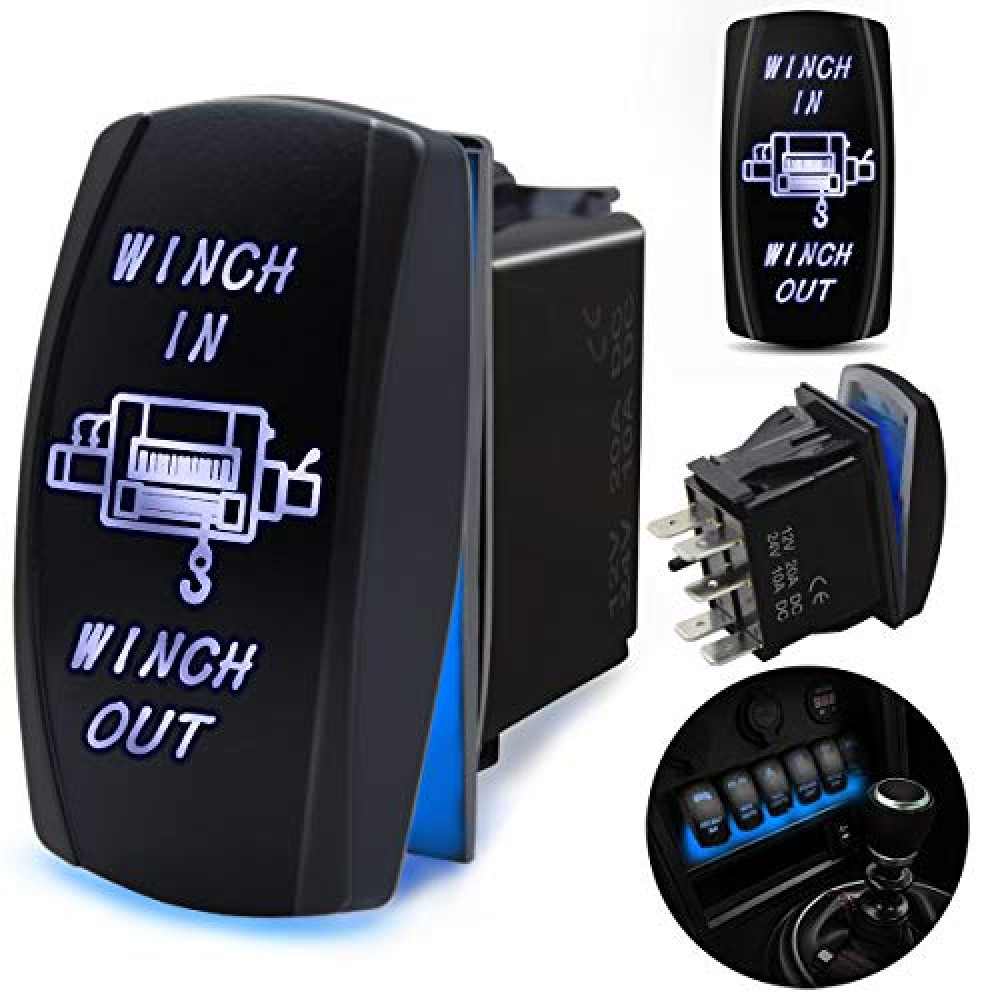 FABOOD F 7 Pin Winch in/Out Momentary Rocker Switch Laser ON-Off-ON Two LED Backlit Blue Light 20A 12V for Auto Automotive Motorcycle Truck Boat Marine Off-Road ATV Replace Kit (with Jumper Wire)