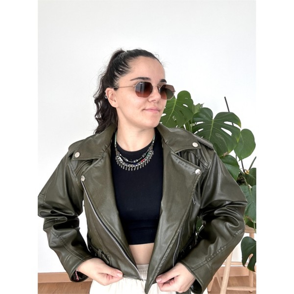 Fabric Butik Yıkamalı Suni Deri Crop Biker Ceket Haki Bayan Ceket Fiyatı