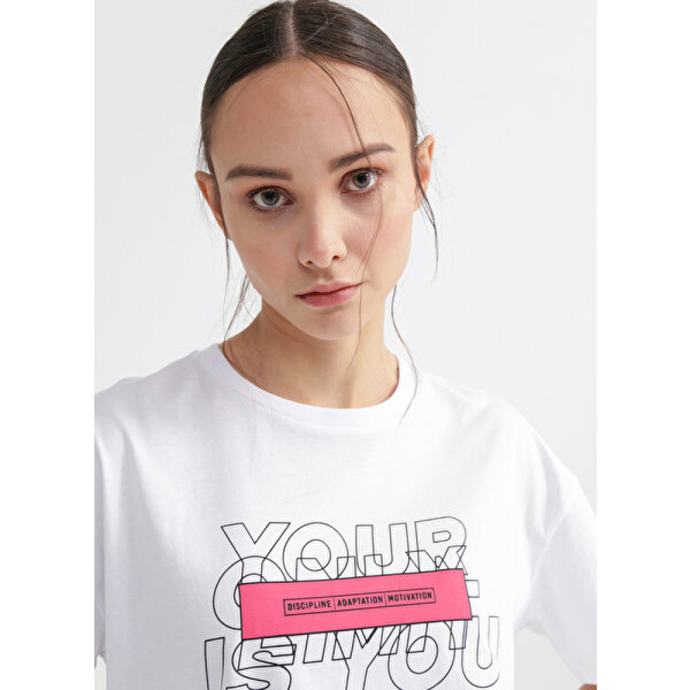 Fabrika Sports Bisiklet Yaka Baskılı Beyaz Kadın T-Shirt S-Nelonı Bayan T-shirt Fiyatı
