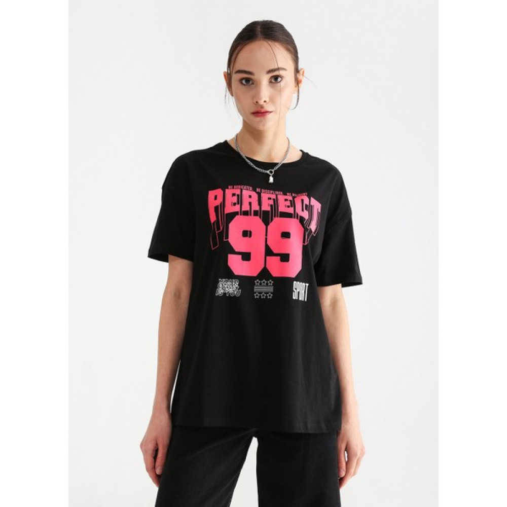 Fabrika Sports Bisiklet Yaka Baskılı Siyah Kadın T-Shirt S-Pova Bayan T-shirt Fiyatı