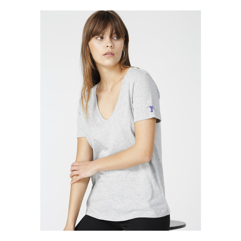 Fabrika Teyo Gri Melanj V Yaka Kadın T-shirt L Beden Bayan T-shirt Fiyatı