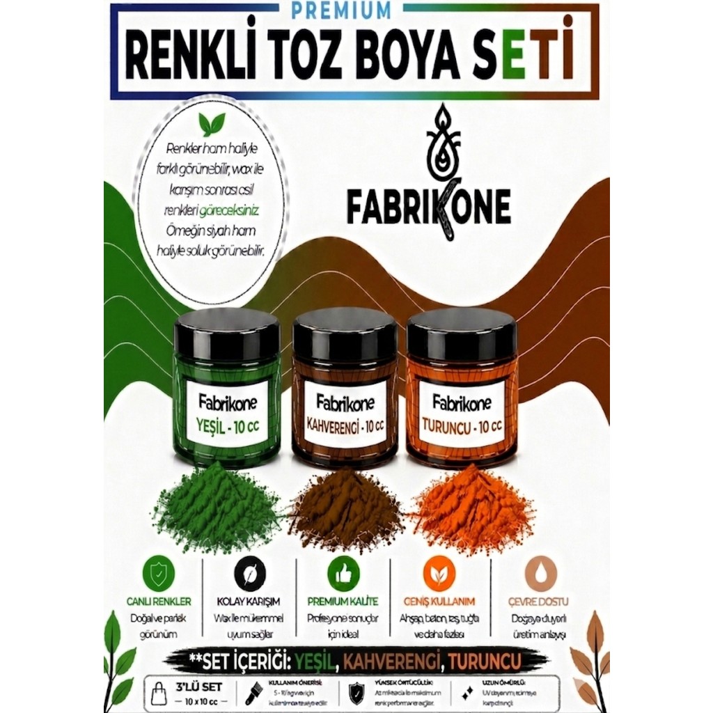 Fabrikone 3'lü Set Premium Parafin Soya Wax Toz Mum Boyası Hobi Seti - 10 cc (Yeşil, Kahverengi, Turuncu) BKFAB3YKHT10G Diğer Fiyatı