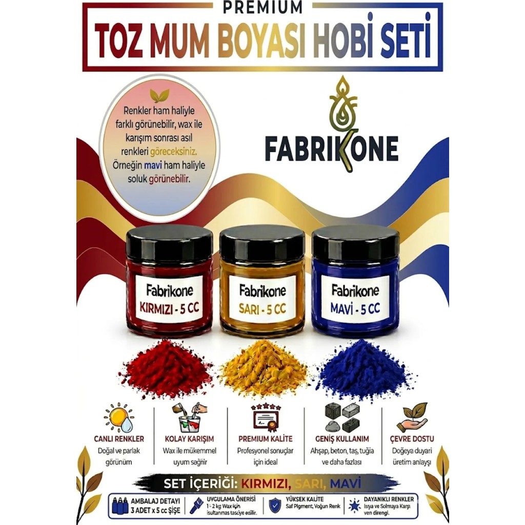 Fabrikone 3'lü Set Premium Parafin Soya Wax Toz Mum Boyası Hobi Seti - 5 cc (Kırmızı, Sarı, Mavi) BKFAB3KSRM5G Diğer Fiyatı