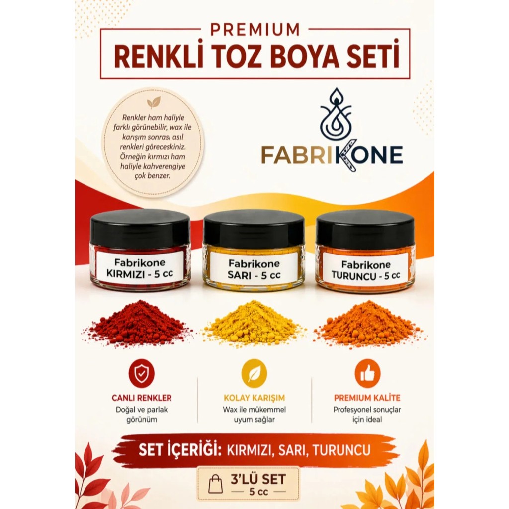 Fabrikone 3'lü Set Premium Parafin Soya Wax Toz Mum Boyası Hobi Seti - 5 cc (Kırmızı, Sarı, Turuncu) BKFAB3KSRT5G - Kırmızı - Sarı - Turuncu Mum Boya Fiyatı