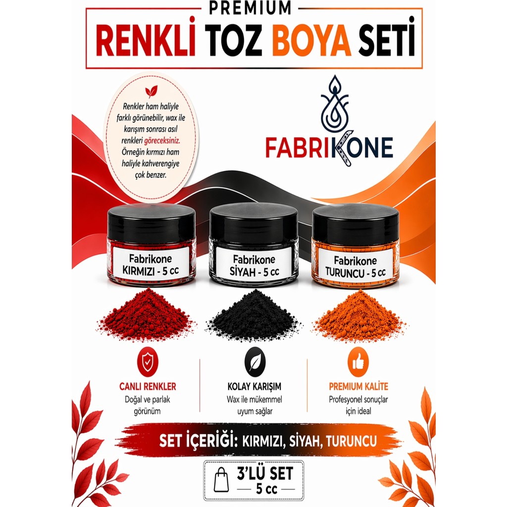 Fabrikone 3'lü Set Premium Parafin Soya Wax Toz Mum Boyası Hobi Seti - 5 cc (Kırmızı, Siyah, Turuncu) BKFAB3KST5G Diğer Fiyatı
