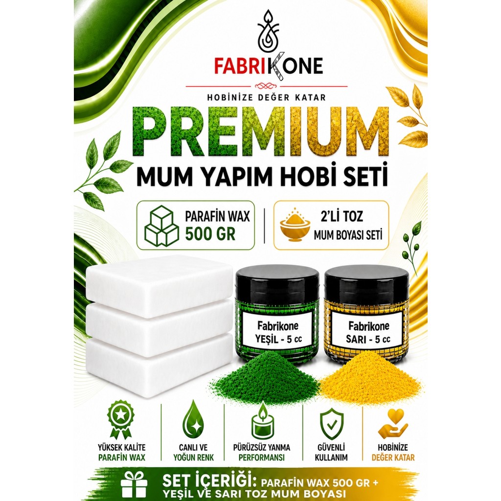 Fabrikone Premium Mum Yapım Hobi Seti - Parafin Wax 500 gr - 2'li Toz Mum Boyası Seti - Yeşil, Sarı BKFABPW5002YSR - Şeffaf - 3'lü Set Diğer Fiyatı