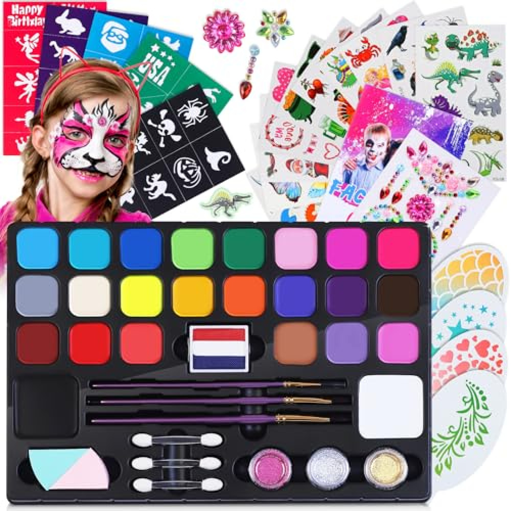 Face Painting Kit for Kids - Water Activated Face Paint 24 Colors Non-Toxic and Hypoallergenic Includes Glitters,Brush,Sponge Cleaning Stick,drawing templates - Safe and Easy to Use Face Paint Kit Face & Finger Paint Fiyatı