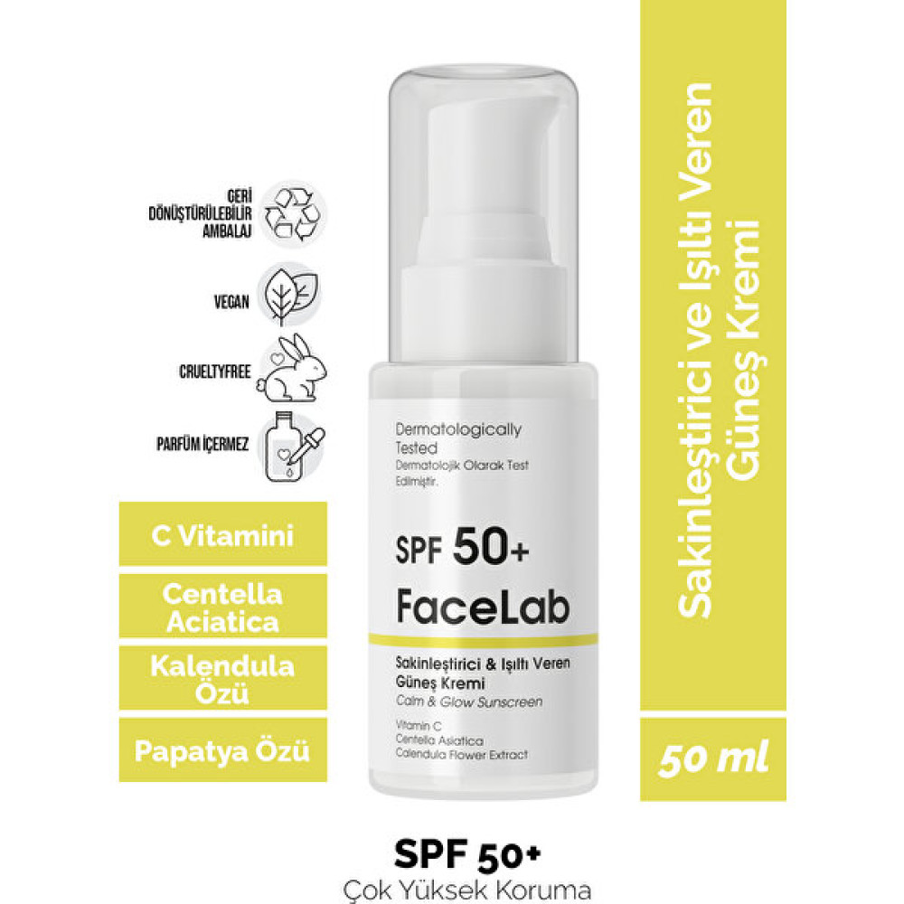 Facelab Sakinleştirici ve Işıltı Veren C Vitamini ve Centella Içerikli Spf 50+ Güneş Kremi 50 ml Güneş Kremleri ve Losyonları Fiyatı