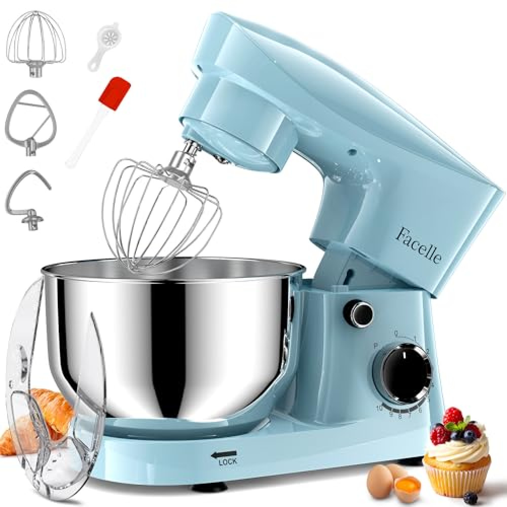 Facelle Stand Mixer, 10-Speed 6QT Kitchen Electric Mixer, Tilt-Head Food Mixer with Beater, Dough Hook, Wire Whip and Egg Separator, scraper for Most Home Cooks - Blue Mixers Fiyatı