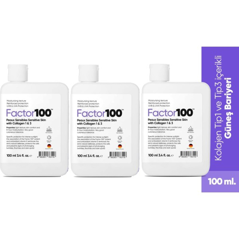 FACTOR100 Güneş Kremi SPF50+ 100 ml 3 Adet Güneş Kremleri ve Losyonları Fiyatı