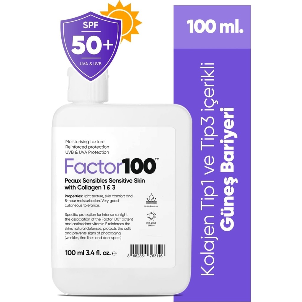 Factor100 SPF50+ Güneş Kremi 100 ml – Tüm Cilt Tiplerine Uygun, Nemlendirici, Leke Karşıtı ve Suya Dayanıklı Koruma Diğer Fiyatı