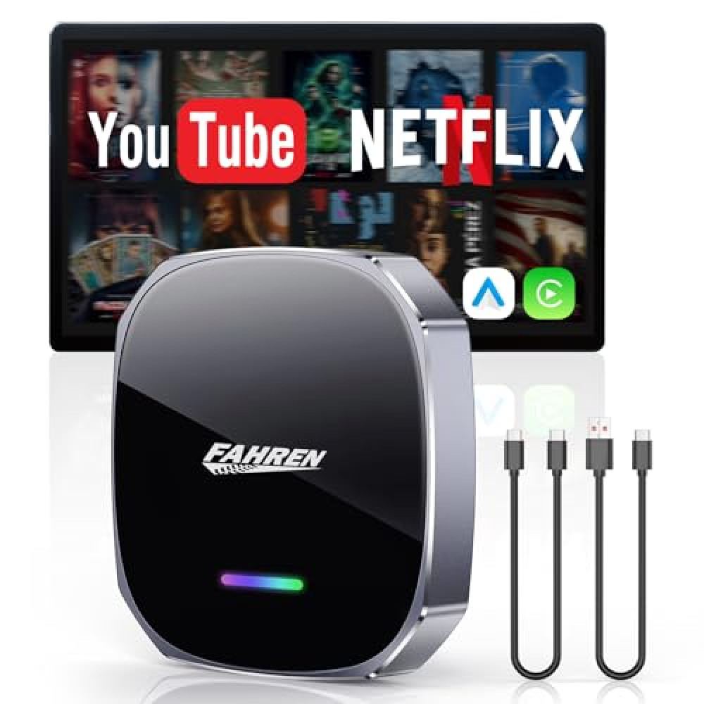 FAHREN 3rd-Gen Wireless Carplay Adapter, Mini Apple Carplay & Android Auto Wireless Adapter for Car, Support Netflix/YouTube/TF Card, No Lag, Plug and Play, Only Fit with iPhone 8+ iOS10+/Android 11+