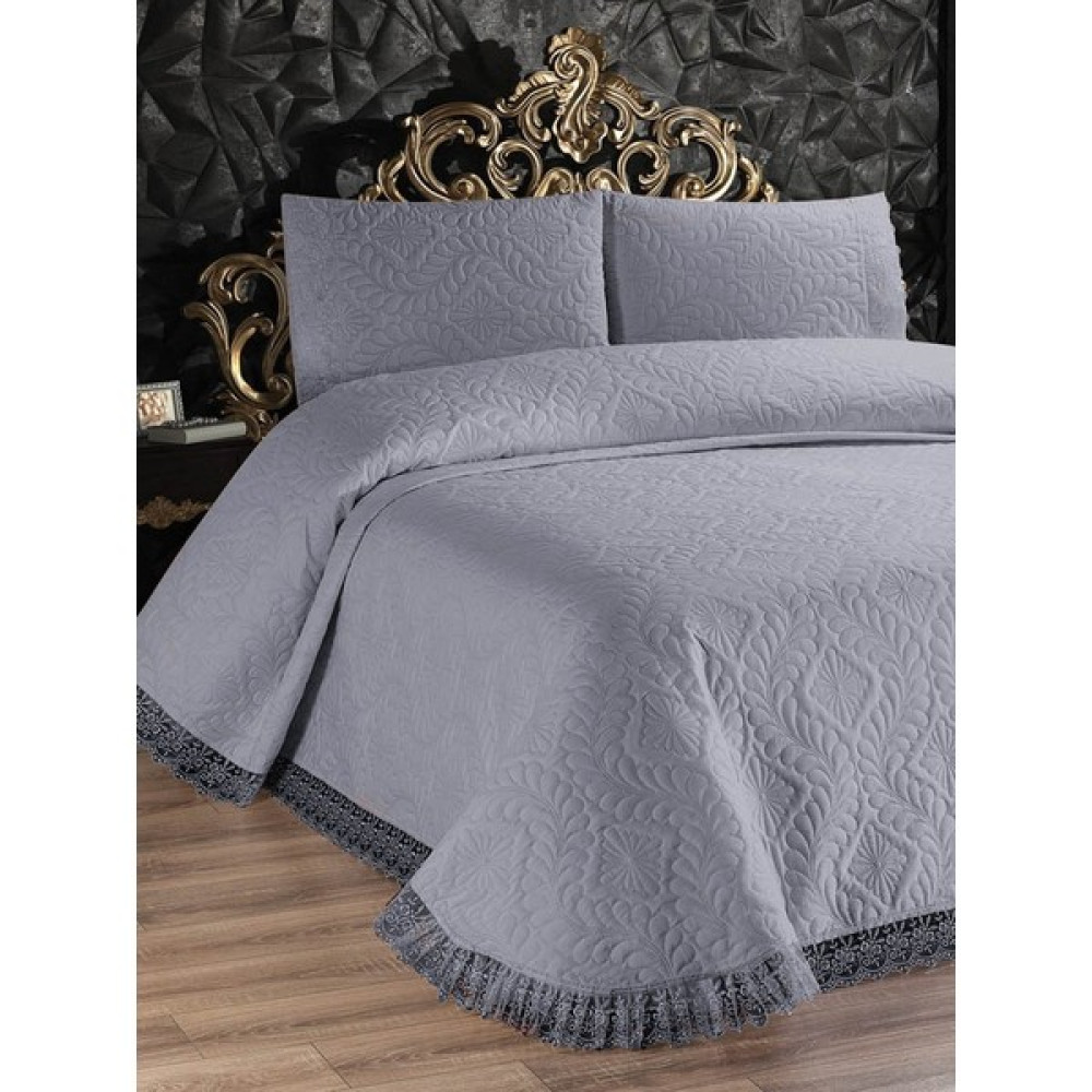 Faiend Ultrasonik Kapitoneli Çift Kişilik Dantelli Yatak Örtüsü ve Yastık Kılıfları - 240 x 260 cm - Gri Yatak Örtüsü Fiyatı
