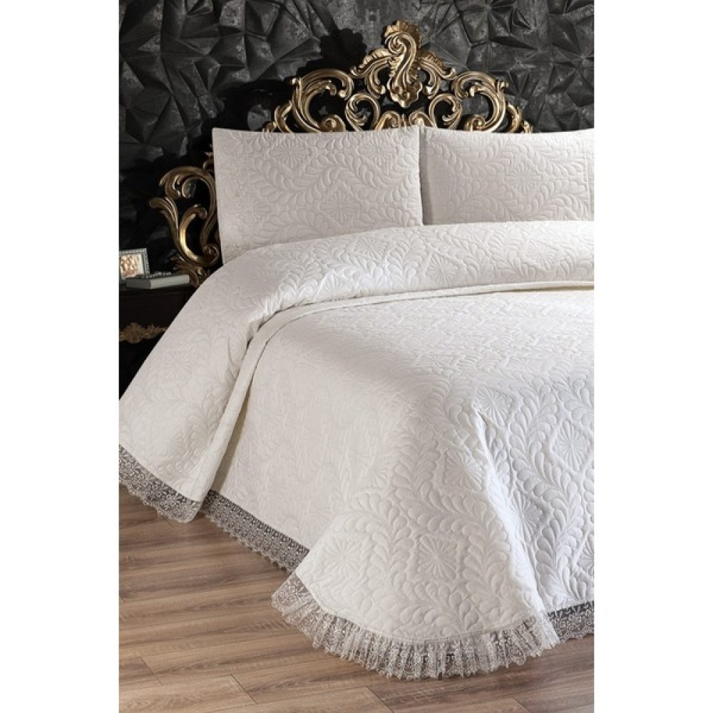 Faiend Ultrasonik Kapitoneli Çift Kişilik Dantelli Yatak Örtüsü ve Yastık Kılıfları - 240 x 260 cm - Krem Yatak Örtüsü Fiyatı