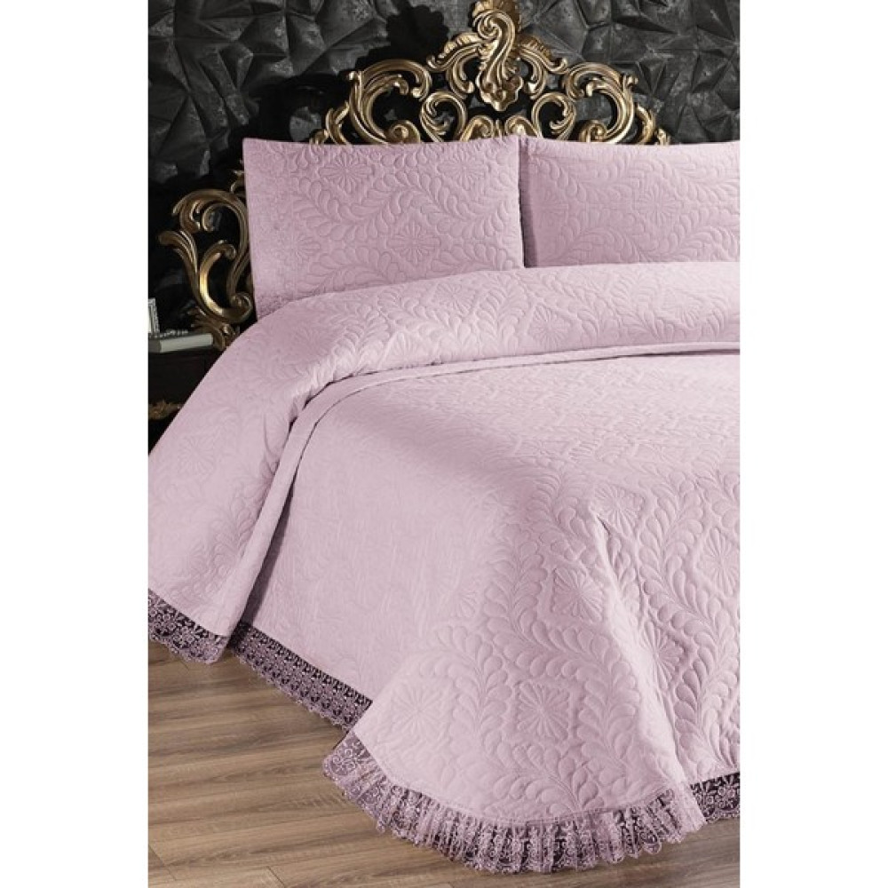 Faiend Ultrasonik Kapitoneli Çift Kişilik Dantelli Yatak Örtüsü ve Yastık Kılıfları - 240 x 260 cm - Pembe Yatak Örtüsü Fiyatı
