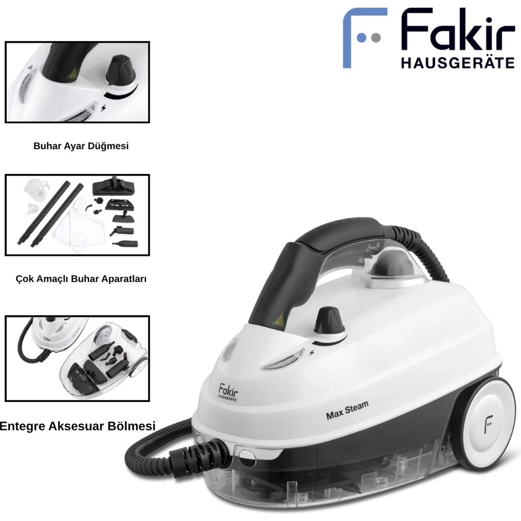 Fakir Max Steam Buharlı Temizleyici 1500 W 5 Bar Basınç 1.6 L Kazan Kapasiteli Çok Amaçlı Temizlik Makinesi - Beyaz - Gümüş Buharlı Temizlik Makinesi Fiyatı