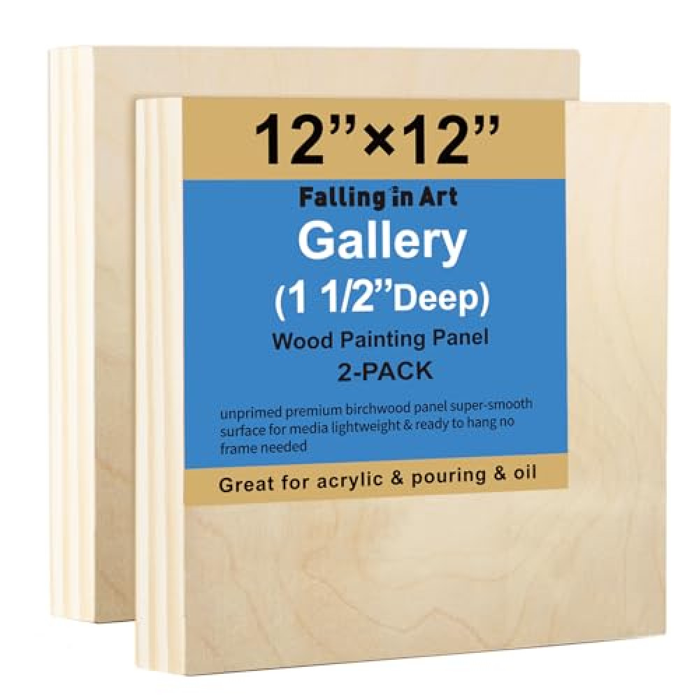 Falling in Art 2 Pack Unfinished Wooden Canvas Panels, 12x12 Gallery Birch Wood Panels Kit, 1 1/2" Deep Art Cradle Boards for Acrylic Painting, Pouring and Burning