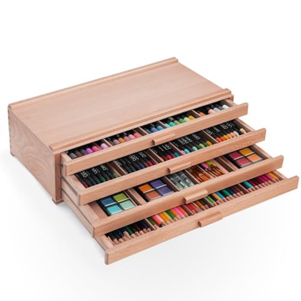 Falling in Art 4 Drawer Artist Supply Storage Box, Wooden Pastel Storage Box, Portable Organizer Box for Pastels, Pencils, Markers, Brushes and Art Supplies