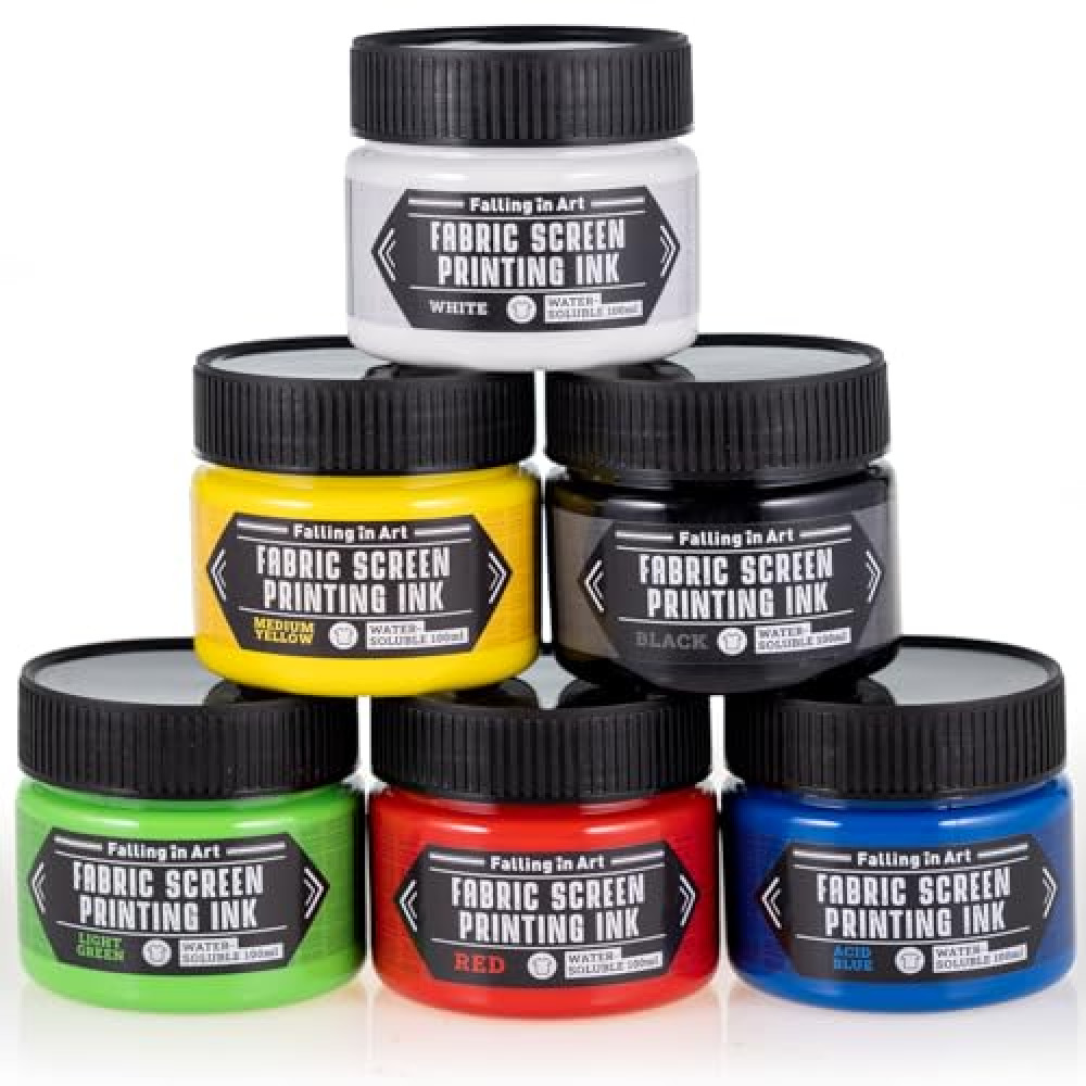 Falling in Art Fabric Screen Printing Ink Set, 4-Ounce Permanent Fabric Paints for T-Shirt and Silk Printmaking, 6 Colors