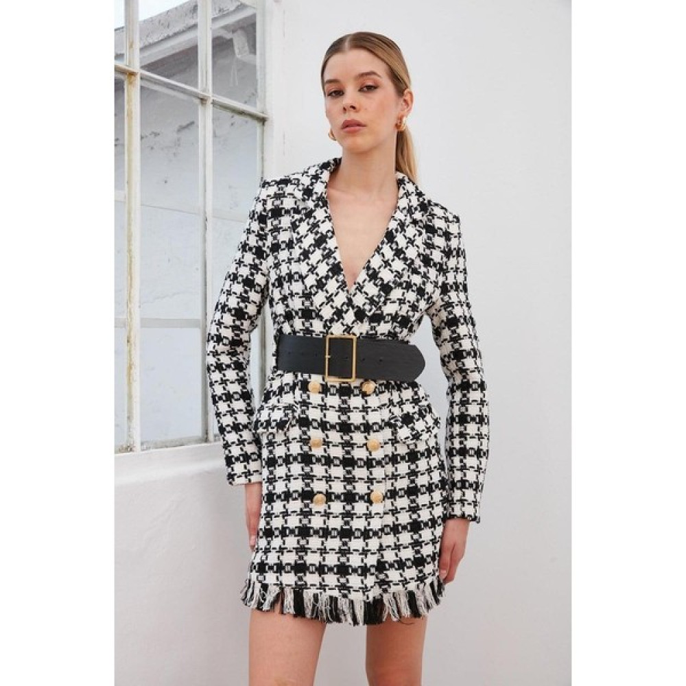 Fame Butik Püsküllü Kemerli Ekose Ceket Elbise Elbise Fiyatı
