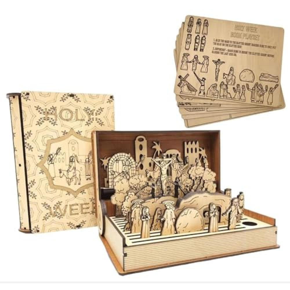 Family Easter Holy Week Gift, Wooden Holy Week Book Playset Teaching Aid, Easter Resurrection Scene Decor Set, DIY Handmade Easter Book Kit for Home Decoration