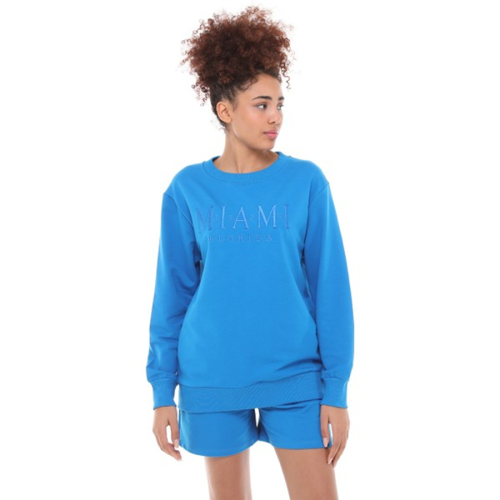 Fancy Kadın Bisiklet Yaka Miami Nakış Saks Mavi Şort Sweatshirt İkili Şortlu Takım Elbise Fiyatı