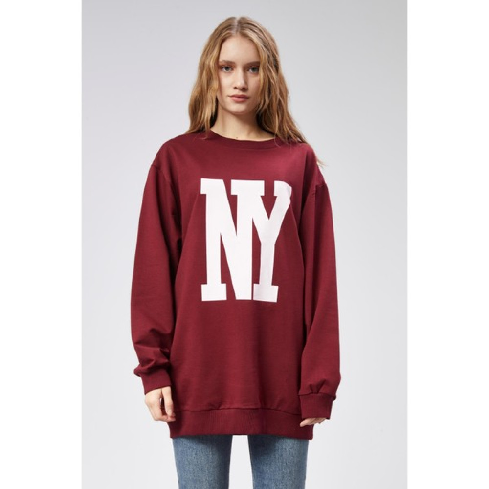 Fancy Kadın Bisiklet Yaka Ny Baskılı Regular Sweatshirt Bordo Kadın Trençkot Fiyatı