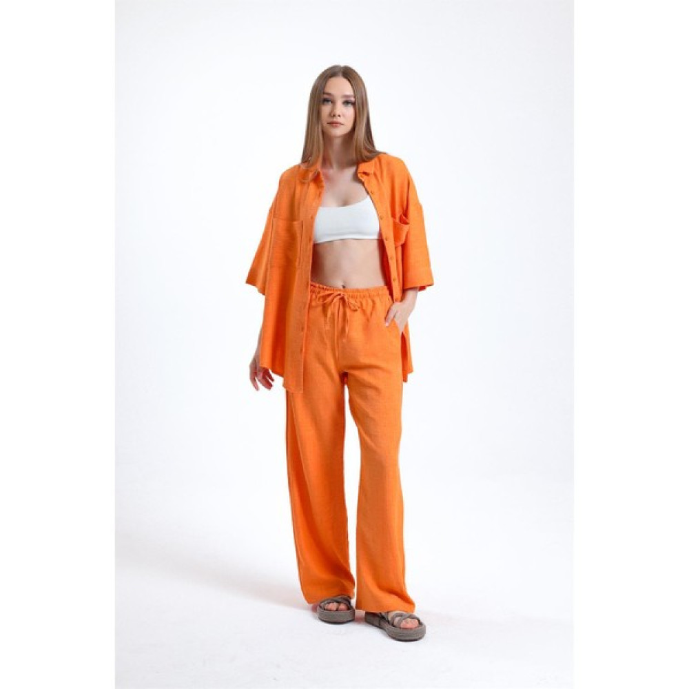 Fancy Kadın Keten Kumaş Truvakar Kol Keten Gömlek Pantolon Oversize Basic İkili Takım Elbise Fiyatı